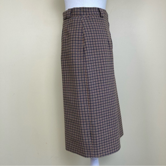 Vintage 80s Plaid Wool Blend Pencil Midi Skirt Tan/Blue Academia Preppy Sz XS - Picture 3 of 15